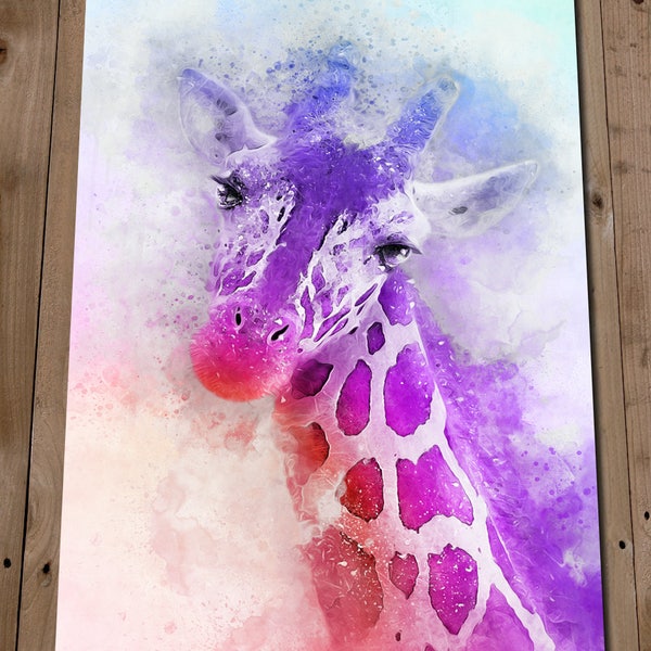 Purple Giraffe Head Print - Colourful Wall Art Watercolour Painting - Gift Idea - Safari Nursery Decor - Poster - Animal Lover