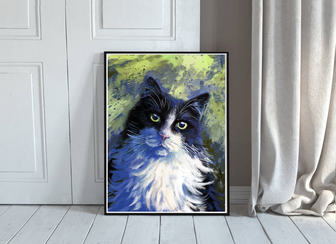 Tuxedo Cat Art Print - Fluffy Black and White Cat Painting Print - Cat ...