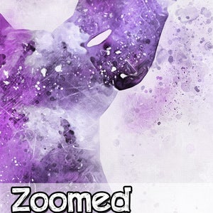 May include: Purple watercolor painting of a deer head with antlers. The background is a light purple with white splatters of paint. The text "Zoomed View" is at the bottom of the image.