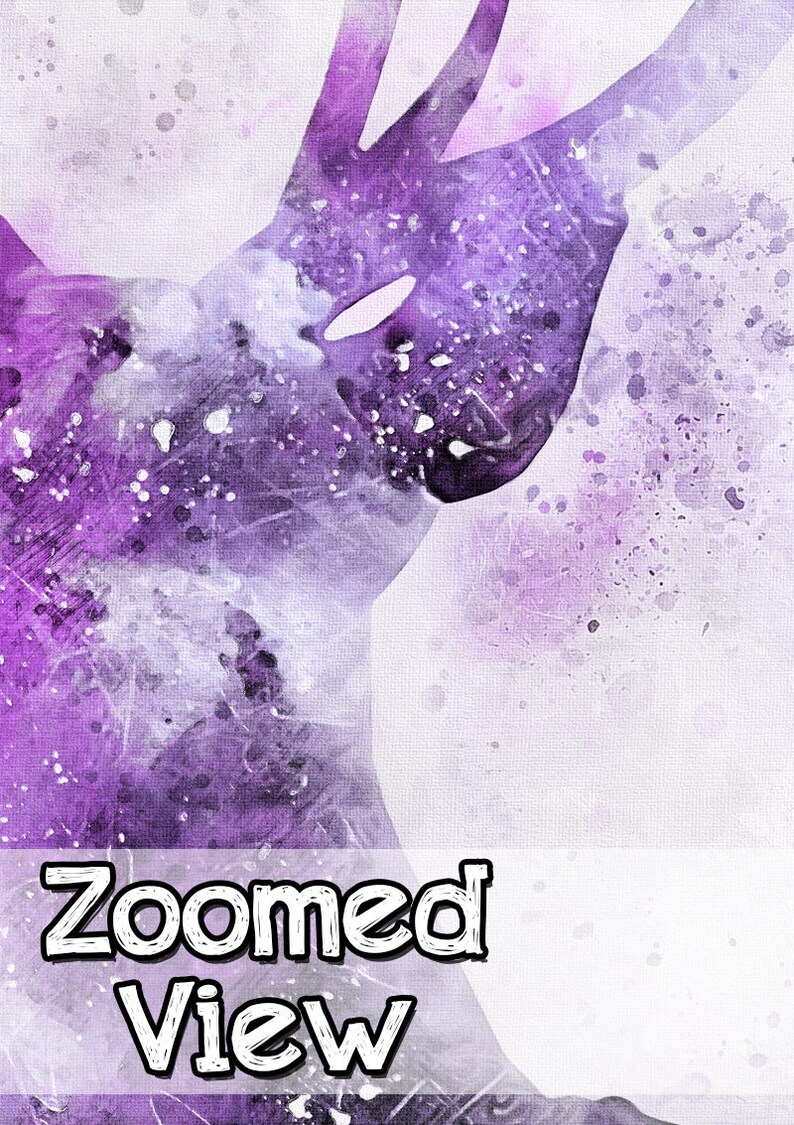 May include: Purple watercolor painting of a deer head with antlers. The background is a light purple with white splatters of paint. The text "Zoomed View" is at the bottom of the image.