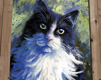 Tuxedo Cat Art Print - Fluffy Black and White Cat Painting Print - Cat Lover Gift - Long Haired Cat - Cat Wall Art - Cat Decor - Cat Print