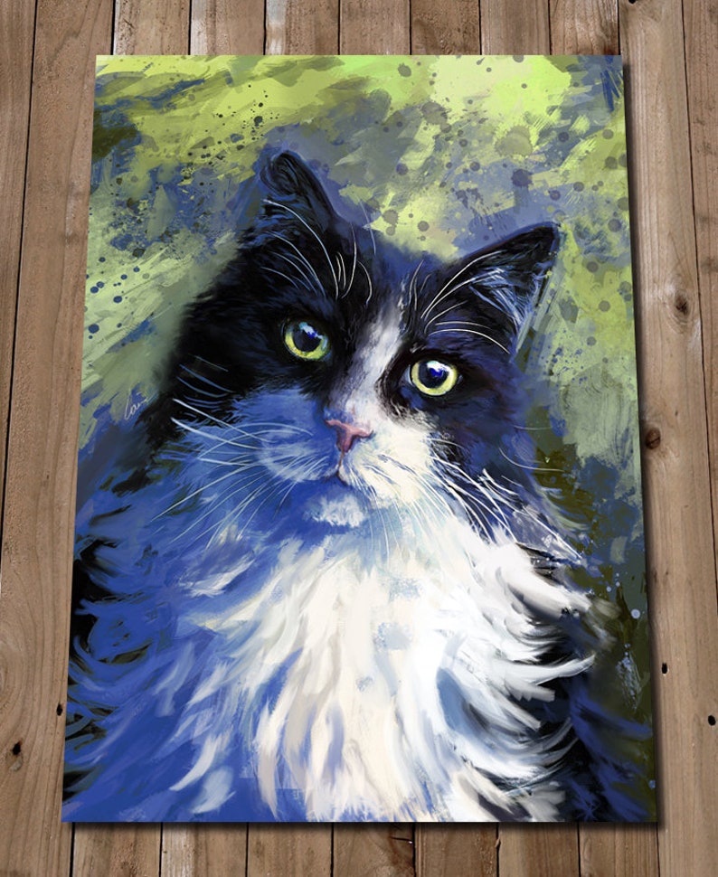 Tuxedo Cat Art Print Fluffy Black and White Cat Painting Etsy UK