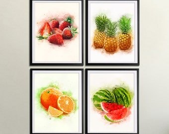 Kitchen Wall Art Set - Fruit Print Set of 4 - Fruit Wall Art - Fruit Art Print - Fruit Artwork - Set of 4 Prints Kitchen - Painted Fruit