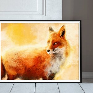 May include: A watercolor painting of a red fox with a yellow and orange background. The fox is looking to the left of the image.