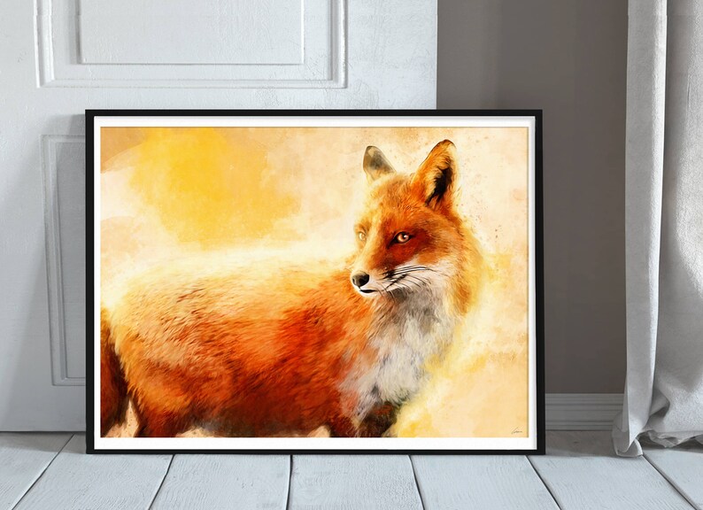 May include: A watercolor painting of a red fox with a yellow and orange background. The fox is looking to the left of the image.