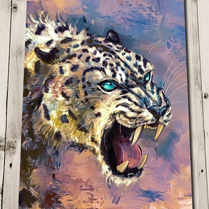 Snow Leopard Painting - Snarl Big Cat Painting - Growling Leopard Wall Art - Wildlife Art - Wildlife Prints - Colourful Art