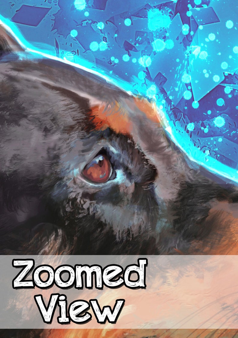 Puede incluir: Primer plano de un ojo de perro, con un fondo abstracto azul y blanco. El ojo del perro es marr&oacute;n y est&aacute; rodeado de pelo negro. El texto "Zoomed View" es visible en la parte inferior de la imagen.