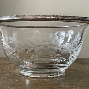 Cut Glass Bowl Sterling Rose Embossed Top