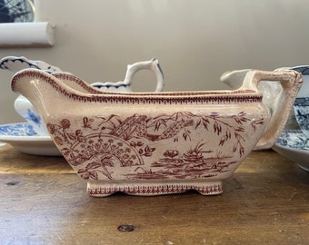 Antique Ironstone Gravy Boat Brown Transferware