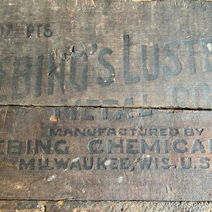 May include: Close-up of a wooden box with black lettering. The box is labeled "Fiebing's Luster" and "Manufactured by Fiebing Chemical Co. Milwaukee Wis. U.S.A."