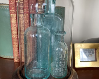 Antique Display Dome with 3 Aqua Bottles