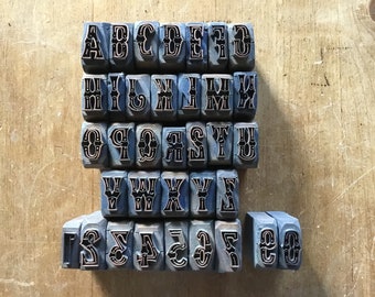 Può includere: Un set di blocchi da stampa in legno vintage con finitura vernice blu. I blocchi presentano le lettere dalla A alla Z e i numeri da 0 a 9. Ogni lettera e ogni numero è contornato di nero.