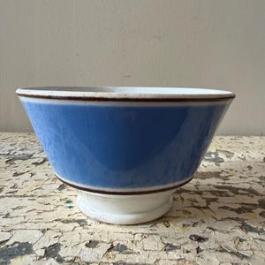 May include: A ceramic bowl featuring a bright blue exterior band contrasted by a white base and interior. The bowl has a distinct brown rim along the top edge and a matching brown line separating the blue section from the white pedestal foot.