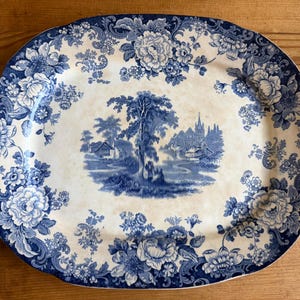 May include: An oval ceramic serving platter featuring a blue and white transferware pattern. The center depicts a landscape with trees and buildings, while the wide border is decorated with intricate floral motifs and scrolling foliage.