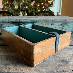Primitive Pine Knife Box Painted Blue with Leather Handle