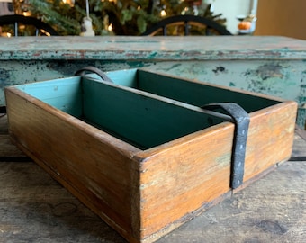 Primitive Pine Knife Box Painted Blue with Leather Handle
