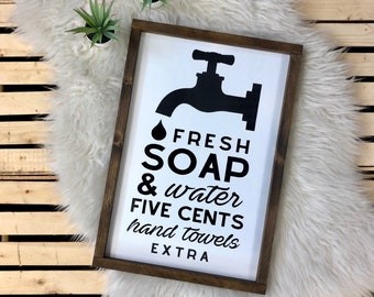 Fresh Soap & Water - framed, wood sign - rustic - farmhouse - modern - bathroom decor - rectangle - gift - washroom - home collection