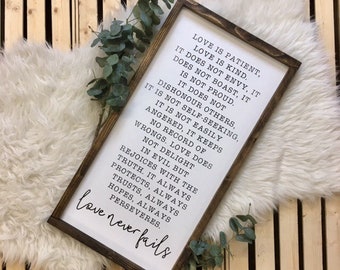 Love is Patient, Love is Kind (whole verse) - framed, wood sign - painted lettering - rustic - wedding - love - farmhouse - love never fails