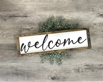 Welcome - framed, wood sign - painted lettering - rustic - farmhouse - home decor - housewarming - gift - entryway - entrance - rectangle