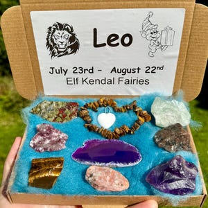 Leo crystal box of six raw crystals flat gem slice surprise pendant or bracelet, rough crystals pack ideal Birthday star sign crystals gift