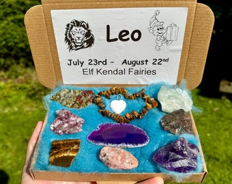 Leo crystal box of six raw crystals flat gem slice surprise pendant or bracelet, rough crystals pack ideal Birthday star sign crystals gift