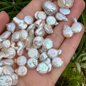 Peut inclure: Un ensemble de perles blanches iridescentes de forme irrégulière. Les perles ont une surface lisse et brillante et varient en taille et en forme. Les perles sont tenues dans une main, avec un feuillage vert en arrière-plan.