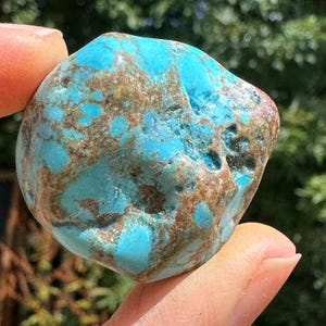 以下が含まれることがあります： 茶色と青色の模様が入ったターコイズの石のクローズアップ。石は丸みを帯びた形で、2本の指で持たれています。石の表面は、さまざまな青と茶色の色合いでまだら模様になっています。