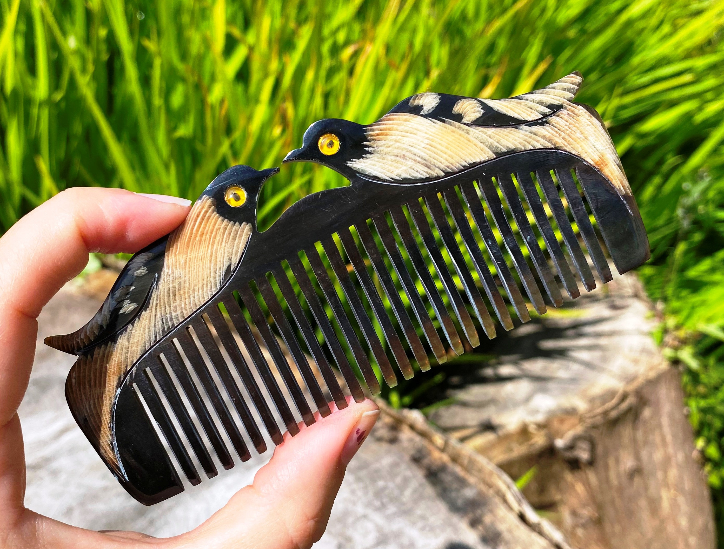 Vintage Hand Carved Horn Hair Comb, Deadstock, Made in France, XL Hair Comb Natural Hand Carved Horn Combs - S & K Ltd main image 2