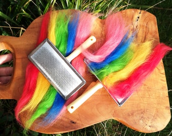carding brush pair and wool fleece hand carder, silk carder, carding brush, fleece comb, carding comb, fleece tamer, wool carder pair by elf