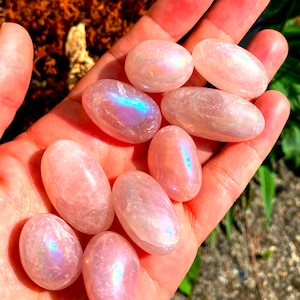 aura rose tumbles, large rose quartz, big aura rose, Easter tumblestones, Crystal rose quartz, aura quartz tumble, large tumbles by elf pink