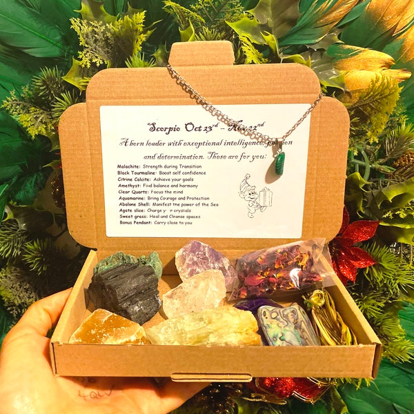 Scorpio stone set UK Zodiac stone set, Scorpio crystals uk, birthstone crystals, abalone sweetgrass, in box as seen shipped today by the elf