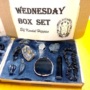 Wednesday Addams crystal set, Wednesday crystal box, Addams family stones, Dragon crystals box, rose quartz box set, Wednesday Addam fan box