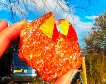 Feuerkristall 134g, Kristallcluster, Flammenkristallspitzen, Drachenatemkristall, rauer Kristall, Orangenhaufen, Flammenstein, Drachengeschenke