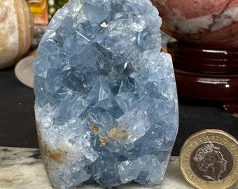 Cristal de celestita de 288 g, celestita en bruto, celestita en bruto,  cristales en bruto para regalo de cumpleaños de niña, piedra para amantes de