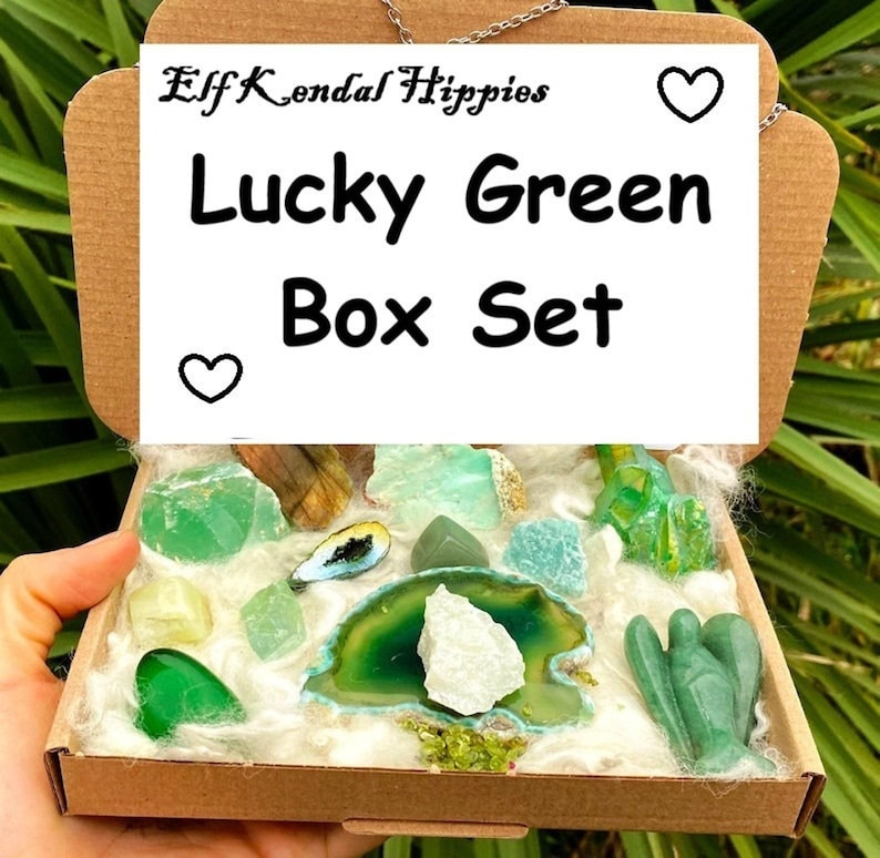 Self love crystal box box set spiritual gift crystals set self care kit gem stone gift Postive energy letterbox set healer stone pack Elf uk Lucky Green box set