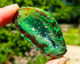 Dragon geode crystal, green witch cave, wiccan geode, Christmas crystal cave, stocking crystal elf gem, Yuletide geode tooth gem geode in uk