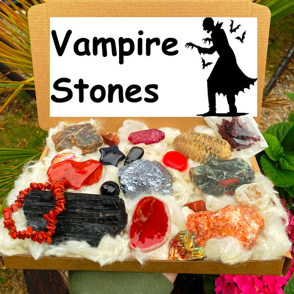 Vampire geode box, Vampire Halloween box, Red crystals spooky, Halloween crystal set, Vampire crystals box, Trick or treat gem Spooky stones