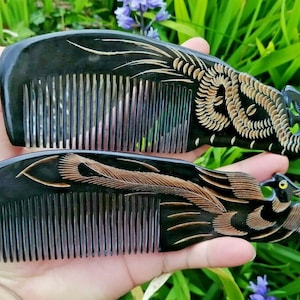 black carved horn comb, 18 cm, phonix dragon, stocking filler comb, ox horn brush, grooming comb, detangler comb, bone comb, curly hair comb