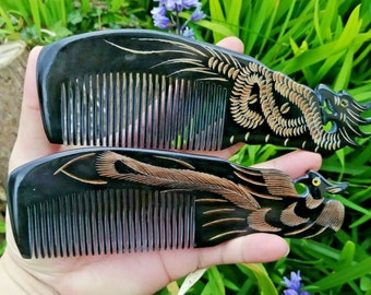 black carved horn comb, 18 cm, phonix dragon, stocking filler comb, ox horn brush, grooming comb, detangler comb, bone comb, curly hair comb