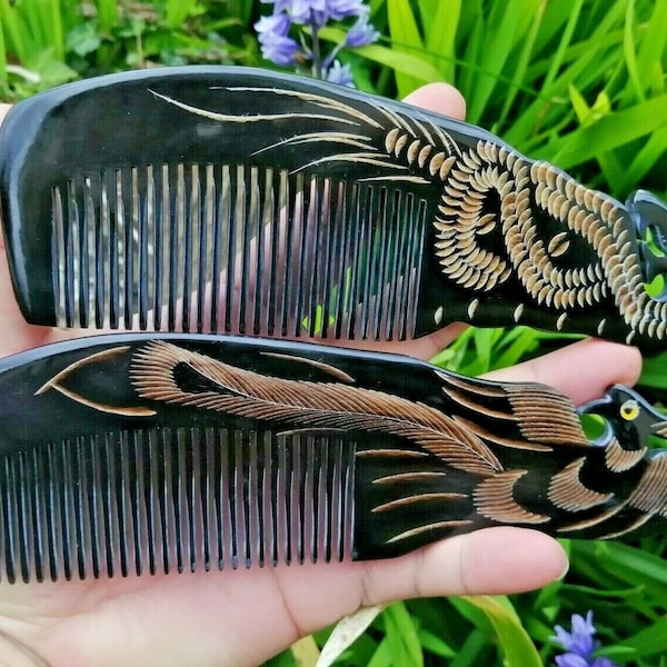 black carved horn comb, 18 cm, phonix dragon, stocking filler comb, ox horn brush, grooming comb, detangler comb, bone comb, curly hair comb