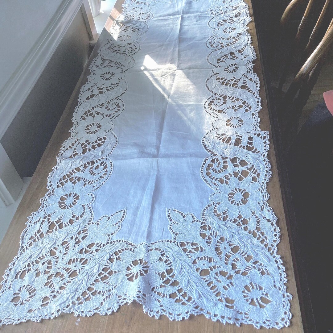 Antique Crochet 54” X 18” Table Runner Creamy White W Raised Pattern ...
