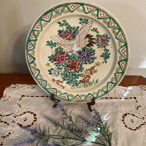 Vintage pottery Asian Japanese Chinese plate signed hand painted CRANE florals butterfly&#39;s Vibrant teals, lavender, reds, pinks, greens mint