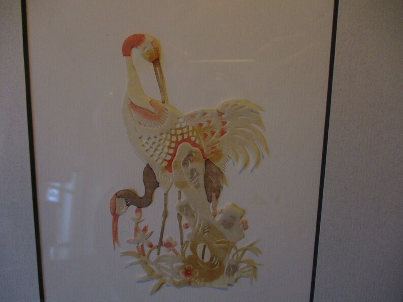 PAIR Vintage Asian paper cut crane birds framed hand colored signed elegant art oriental nature Florida flamingo water color decor tropical
