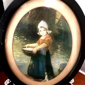 Vintage Dutch Girl nautical oval metal frame matted boats basket kitty 10 x 8&quot; farmhouse whimsical nursery cottage shabby under glass sweet!