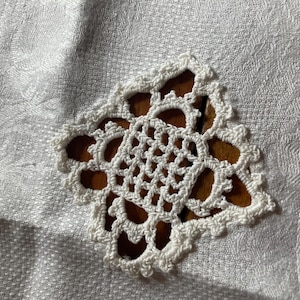 Antique white cotton linen table runner farmhouse cut letter &quot;A&quot; monogram Pristine cottage table decor vintage textile crochet embroidery