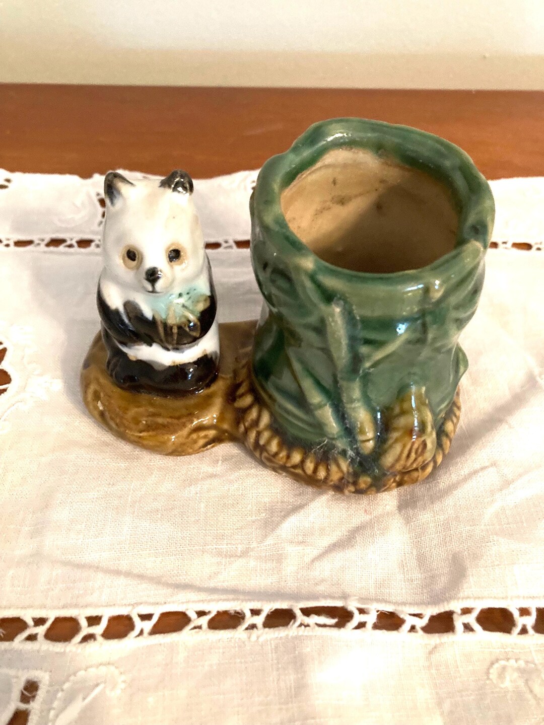 Vintage Majolica Panda Bamboo Planter Toothpick PRISTINE Garden Porch ...