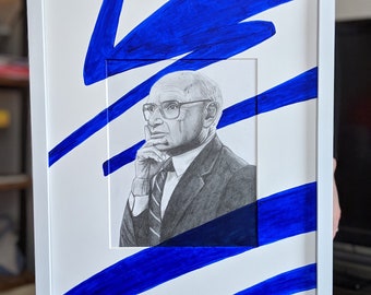 Oeuvre d'art originale encadrée de Milton Friedman