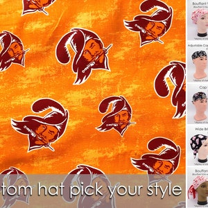May include: A variety of custom hats with different styles, including bouffant, adjustable cap, cap with fabric tie, wide brim, and bouffant with ribbon tie. The hats are all made with a fabric featuring a repeated pattern of the Tampa Bay Buccaneers logo. The text "custom hat pick your style" is displayed at the bottom of the image.