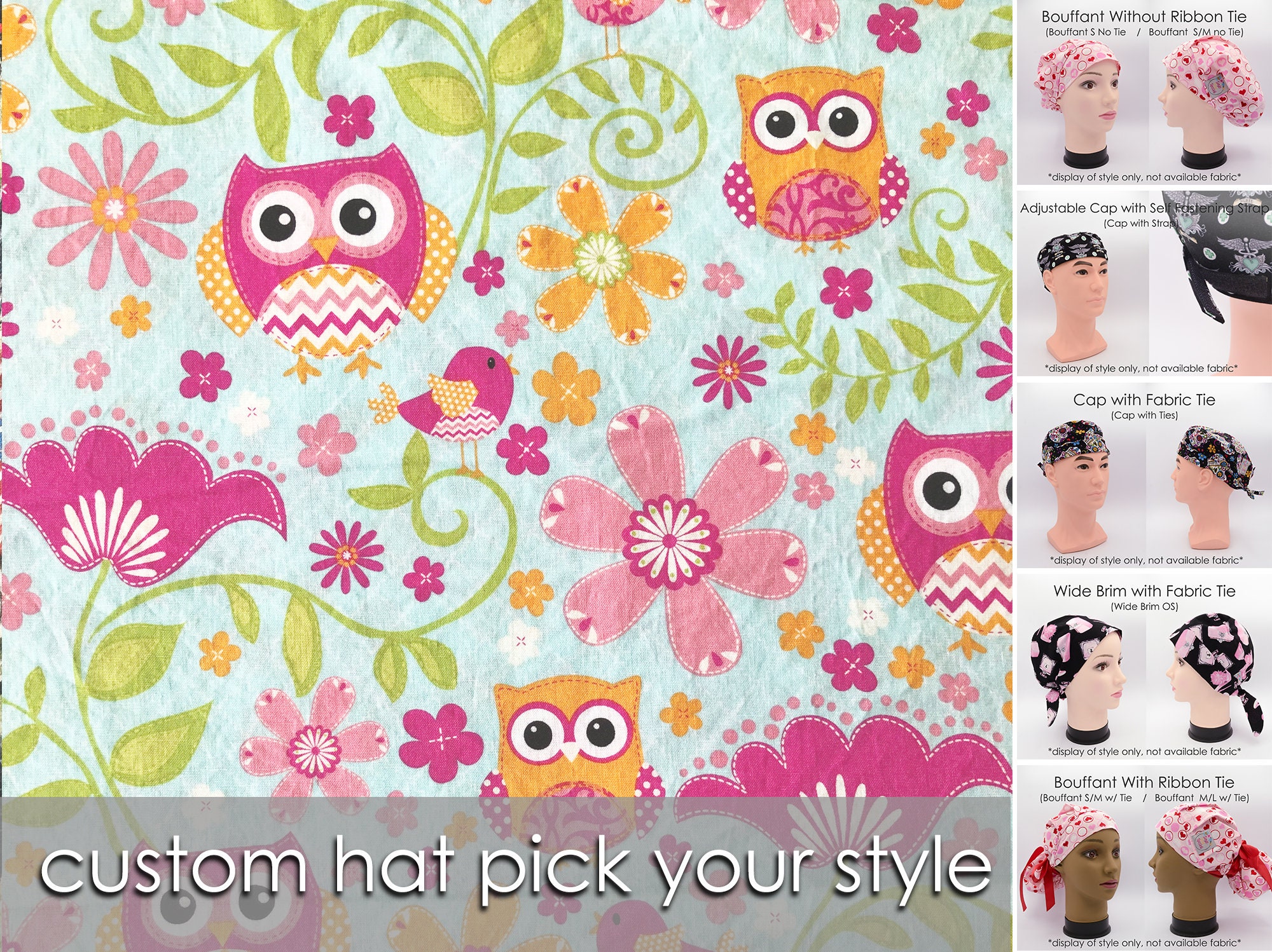 Custom Colorful Owls and Flowers Scrub Hat - Pick Your Style, Gift for Nurse, Gift for Surgeon | Add