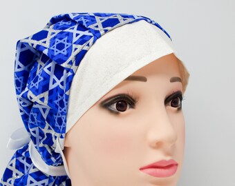 Hanukkah Star of David Bouffant Scrub Hat, Surgical Hat with Ribbon Tie for Ponytail/Bun, Gift for Nurse, Gift for Surgeon